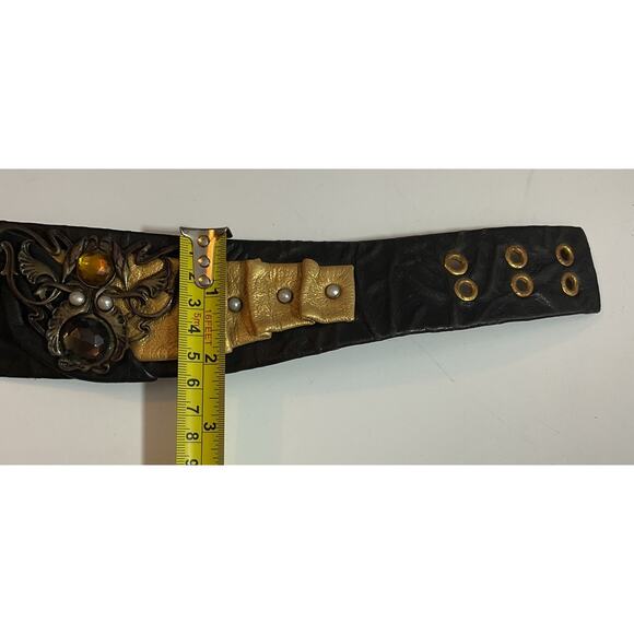 80s Nina Arjani Medium Leatherock Belt Rhinestones & Pearls Leather - Picture 7 of 10